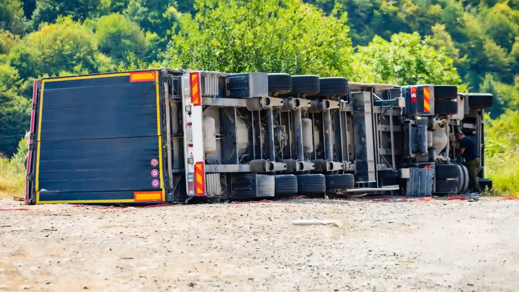 Overturned semi-truck lying on its side after accident