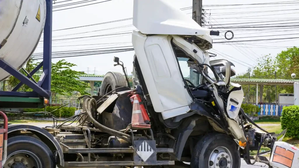 Damaged semi-truck involved in accident.